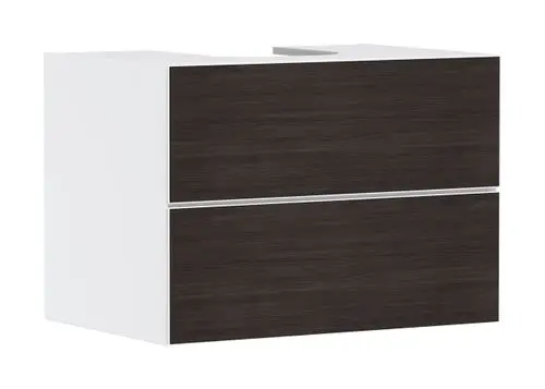 Waschtischunterschrank in mattweiß mit zwei Schubkästen, hergestellt von Hansgrohe, präsentiert sich in einem funktionalen Design und eignet sich für einen Aufsatzwaschtisch.